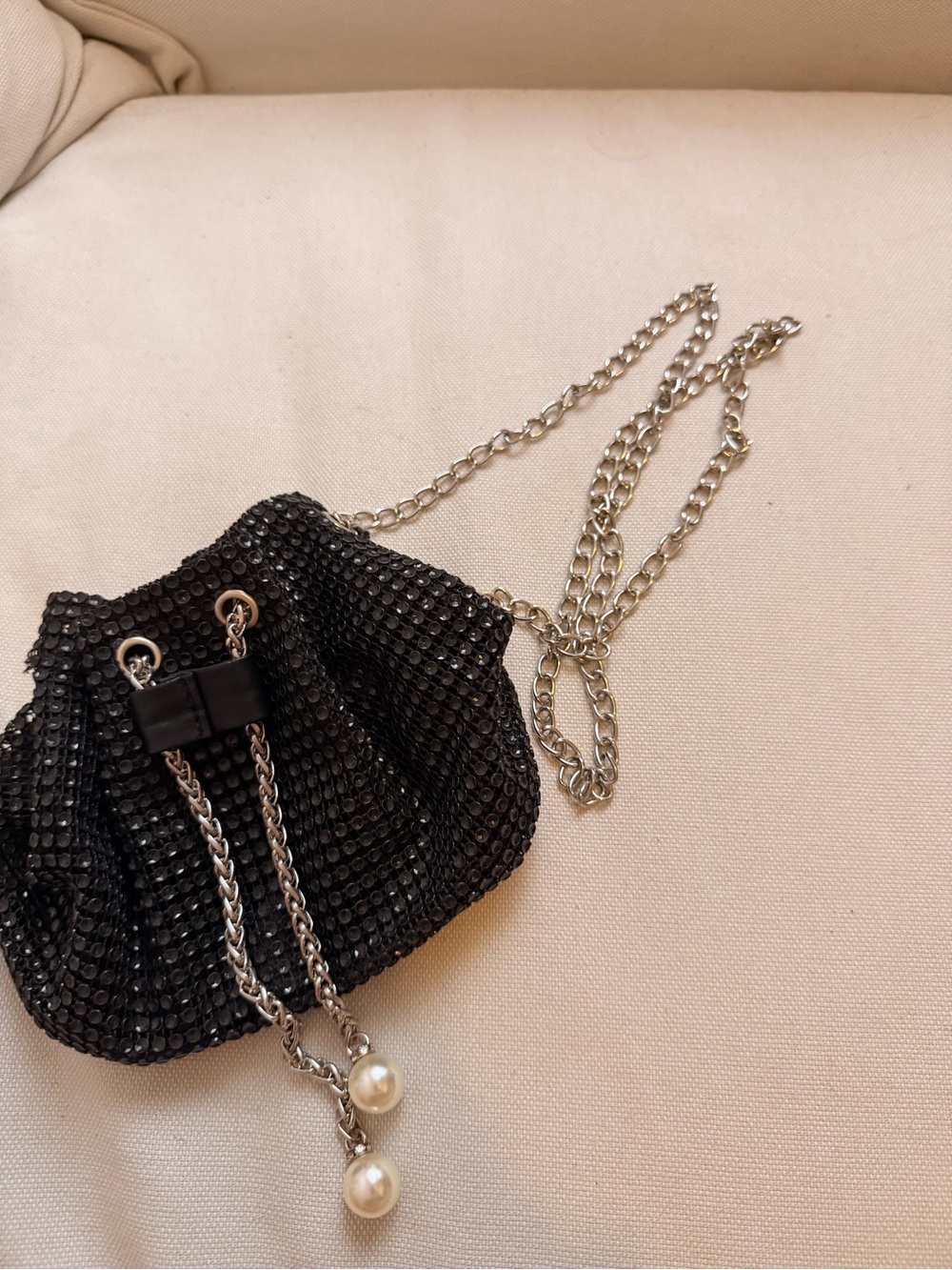 Black Crystal Mesh Drawstring Shoulder Bag with Silver Chain